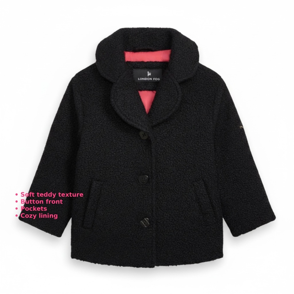 London Fog NWT Girls Coat 6/6X Black Teddy Jacket Hot Pink Lining Heart Buttons - Picture 5 of 8